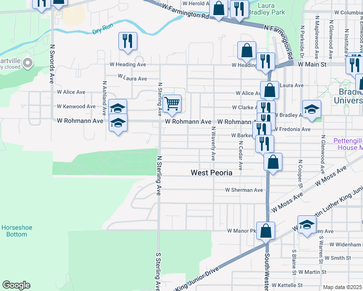 map of restaurants, bars, coffee shops, grocery stores, and more near 2404 W Barker Ave in West Peoria