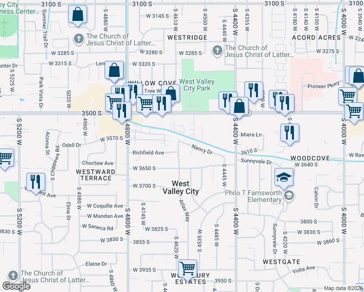 map of restaurants, bars, coffee shops, grocery stores, and more near 3591 Atlas Way in West Valley City