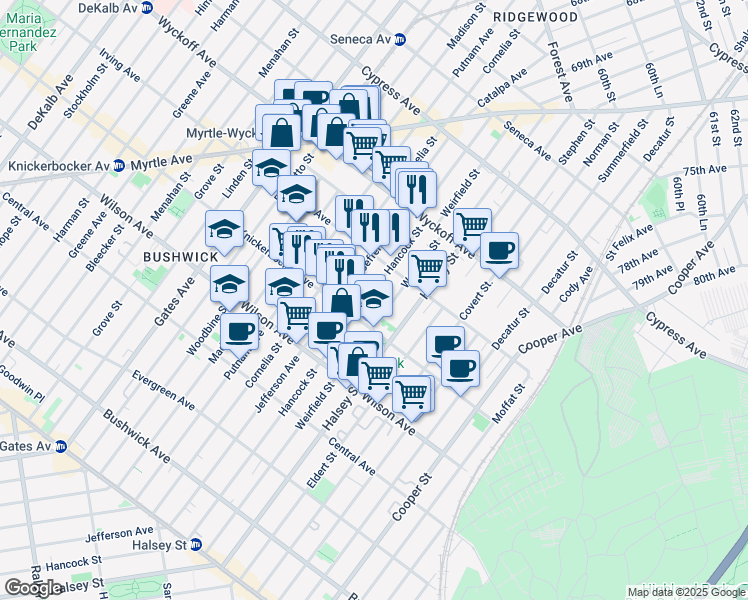 map of restaurants, bars, coffee shops, grocery stores, and more near 1340 Hancock Street in Brooklyn