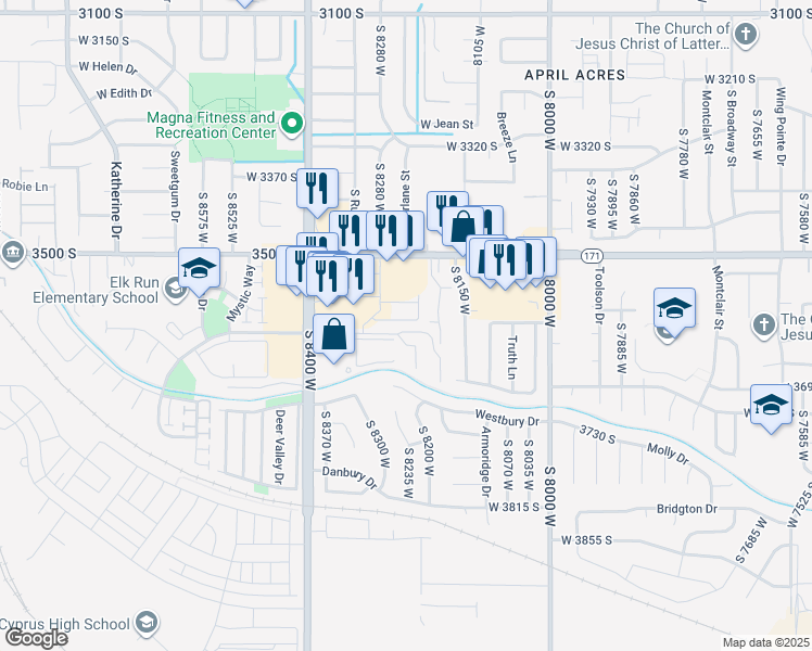map of restaurants, bars, coffee shops, grocery stores, and more near 8249 West Joshua Tree Lane in Magna
