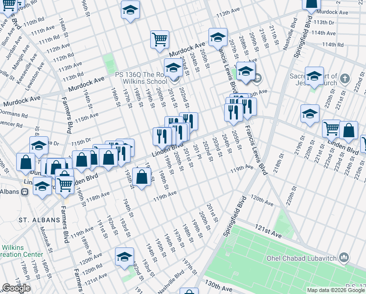 map of restaurants, bars, coffee shops, grocery stores, and more near 116-39 200th Street in Queens