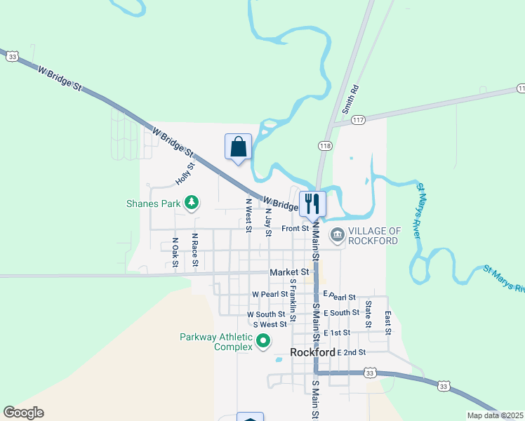 map of restaurants, bars, coffee shops, grocery stores, and more near 301-345 West Bridge Street in Rockford