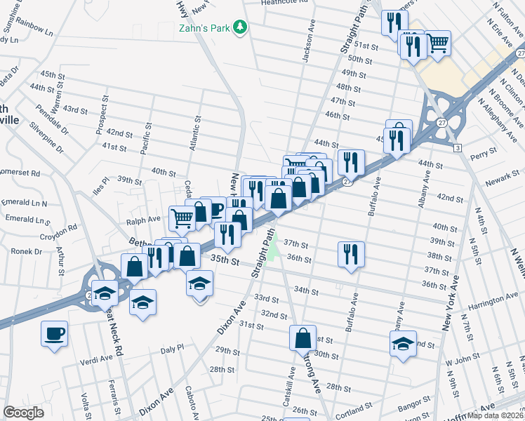 map of restaurants, bars, coffee shops, grocery stores, and more near 423 Ralph Avenue in Copiague