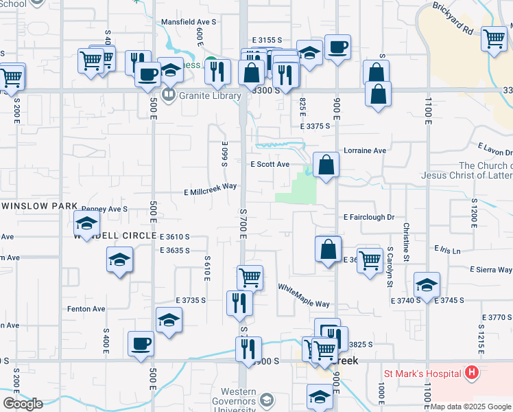 map of restaurants, bars, coffee shops, grocery stores, and more near 741 Nichols Cove in Millcreek