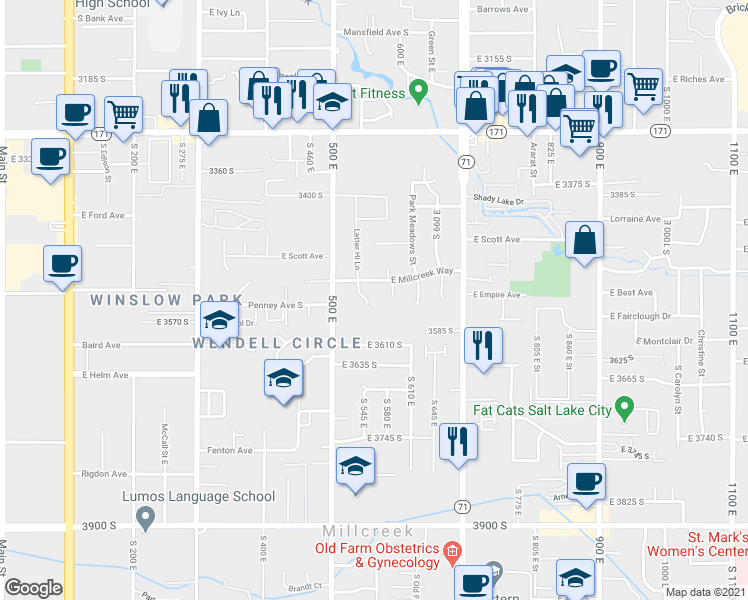 map of restaurants, bars, coffee shops, grocery stores, and more near 576 East Millcreek Way in South Salt Lake
