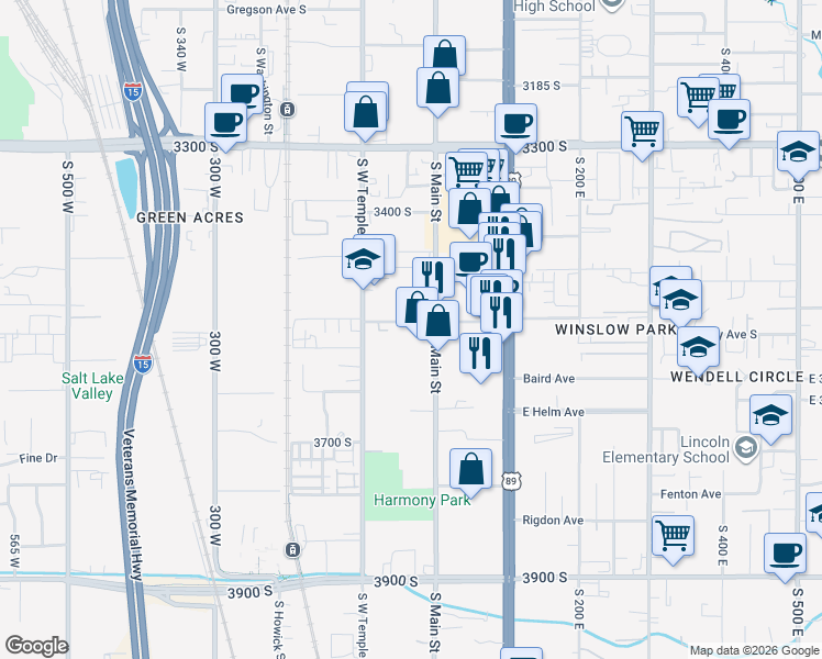map of restaurants, bars, coffee shops, grocery stores, and more near 50 West Guest Avenue in South Salt Lake