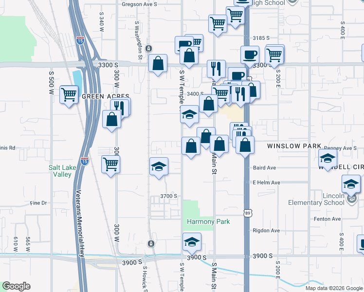 map of restaurants, bars, coffee shops, grocery stores, and more near 3516 South West Temple Street in South Salt Lake