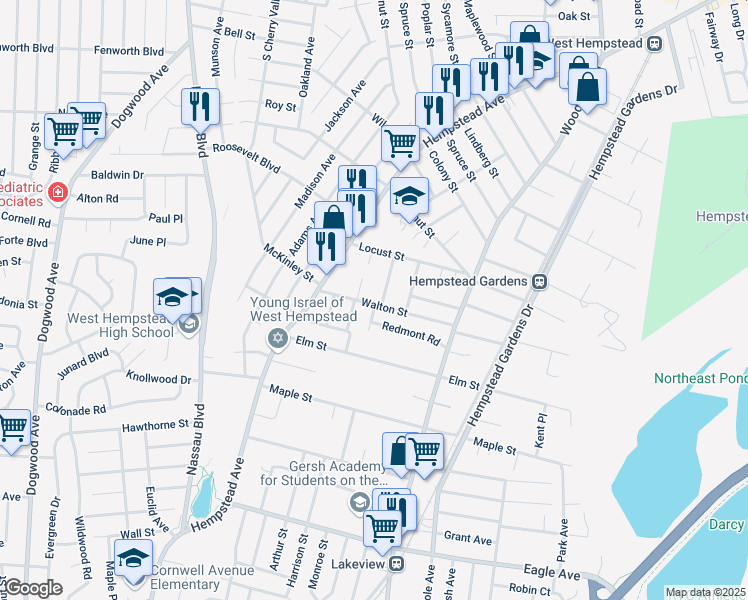 map of restaurants, bars, coffee shops, grocery stores, and more near 482 Locust Terrace in West Hempstead