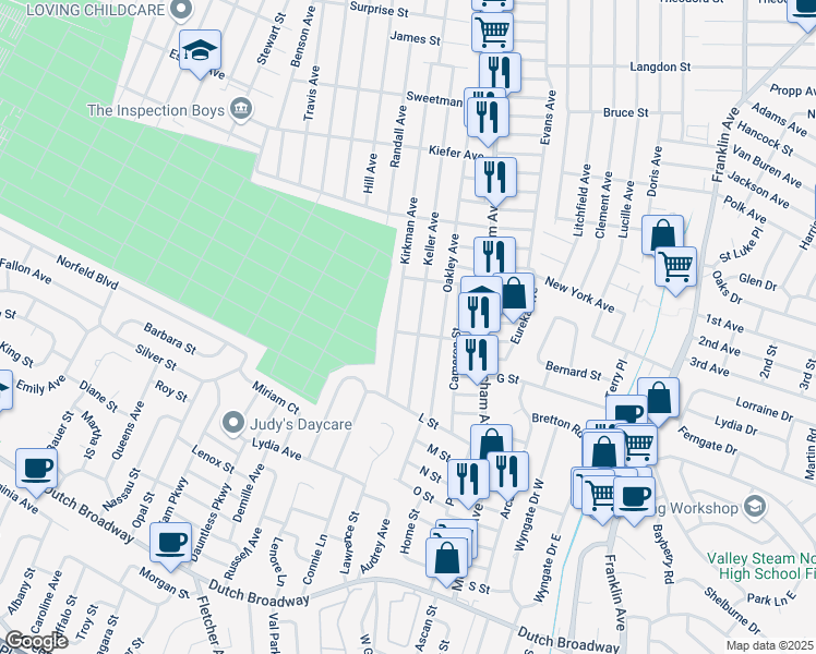 map of restaurants, bars, coffee shops, grocery stores, and more near 481 Keller Avenue in Elmont
