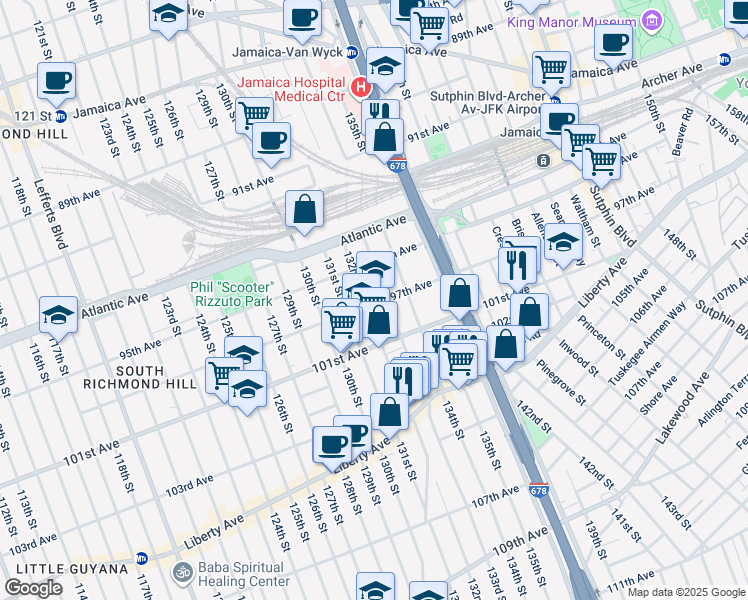 map of restaurants, bars, coffee shops, grocery stores, and more near 95-23 133rd Street in Queens