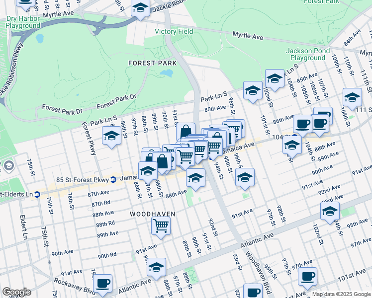 map of restaurants, bars, coffee shops, grocery stores, and more near 86-09 91st Street in Queens
