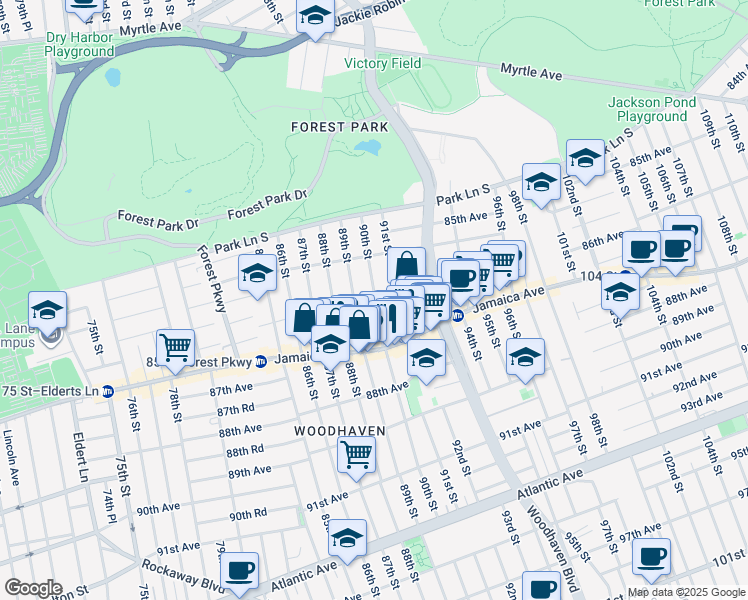 map of restaurants, bars, coffee shops, grocery stores, and more near 85-28 90th Street in Queens
