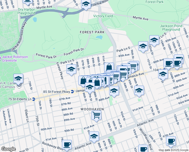 map of restaurants, bars, coffee shops, grocery stores, and more near 85-28 90th Street in Queens