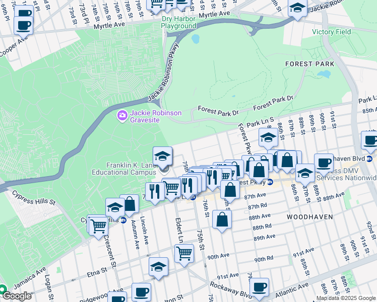 map of restaurants, bars, coffee shops, grocery stores, and more near 74-34 Park Lane South in Queens