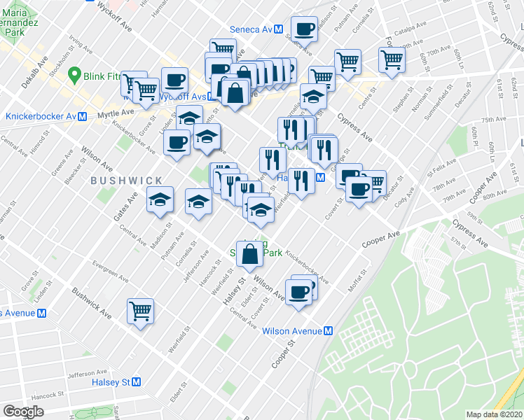map of restaurants, bars, coffee shops, grocery stores, and more near 490 Irving Avenue in Brooklyn