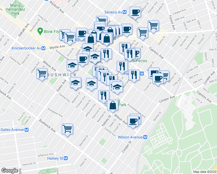 map of restaurants, bars, coffee shops, grocery stores, and more near 1398 Jefferson Avenue in Brooklyn