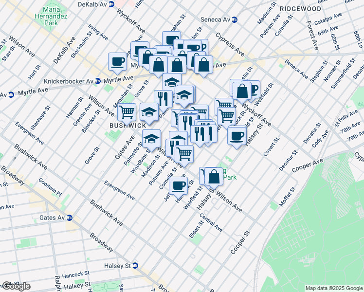 map of restaurants, bars, coffee shops, grocery stores, and more near 1385 Putnam Avenue in Brooklyn