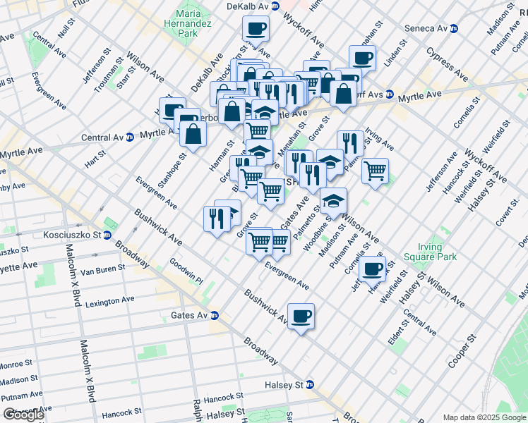 map of restaurants, bars, coffee shops, grocery stores, and more near Central Avenue in Brooklyn