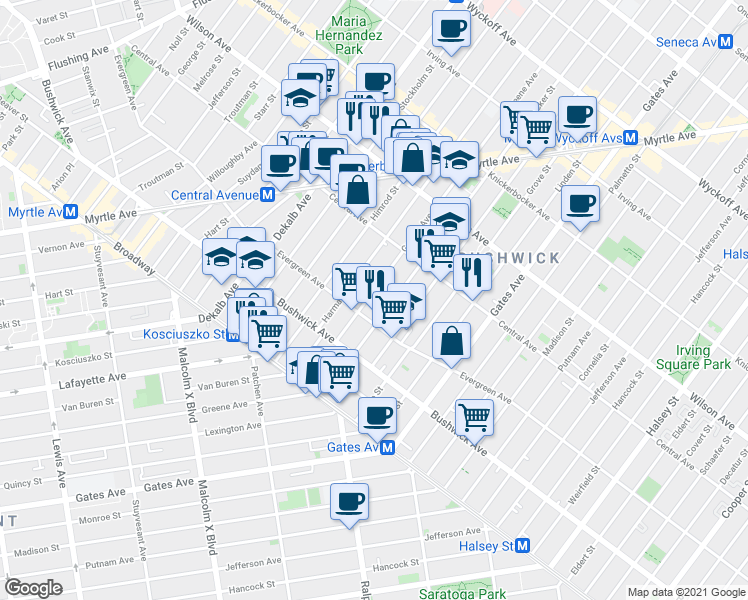 map of restaurants, bars, coffee shops, grocery stores, and more near 1161 Greene Avenue in Brooklyn