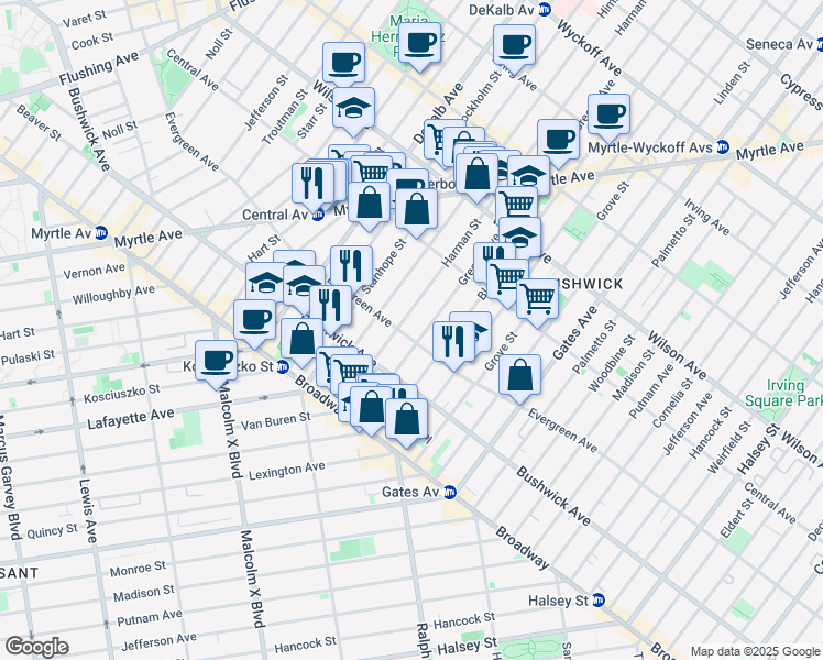 map of restaurants, bars, coffee shops, grocery stores, and more near 1157 Greene Avenue in Brooklyn