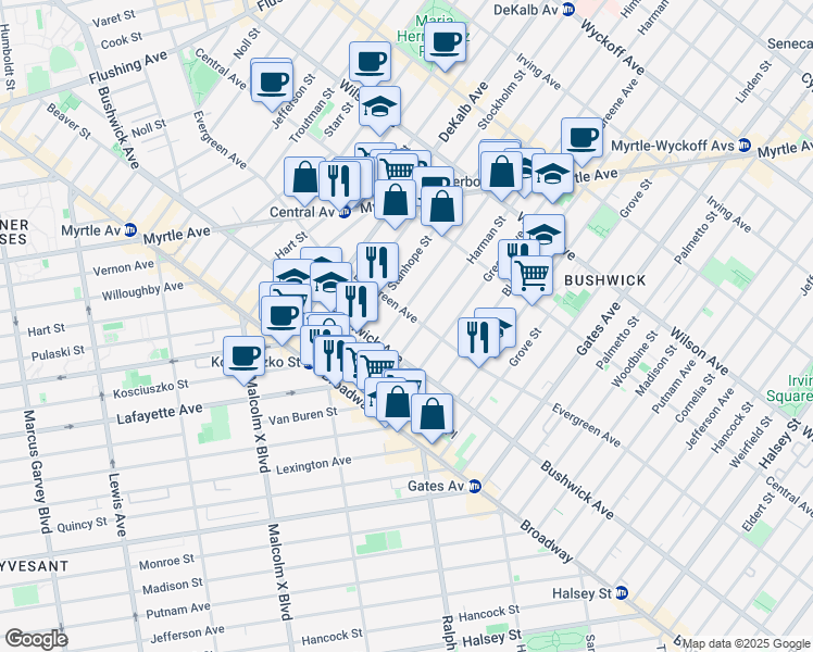 map of restaurants, bars, coffee shops, grocery stores, and more near 46 Himrod Street in Brooklyn