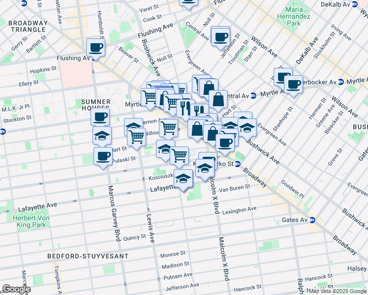 map of restaurants, bars, coffee shops, grocery stores, and more near 415 Hart Street in Brooklyn