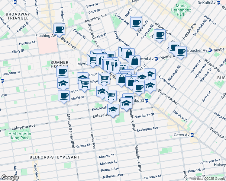 map of restaurants, bars, coffee shops, grocery stores, and more near 415 Hart Street in Brooklyn