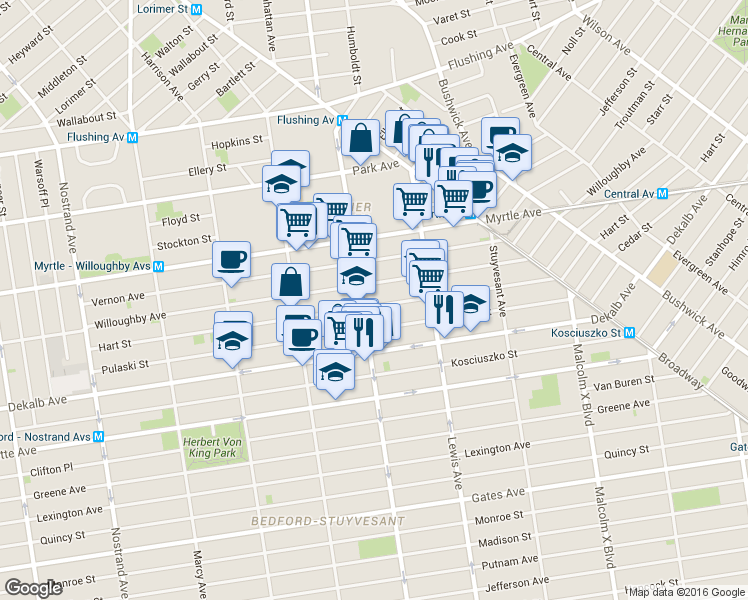 map of restaurants, bars, coffee shops, grocery stores, and more near 734 Willoughby Avenue in Brooklyn