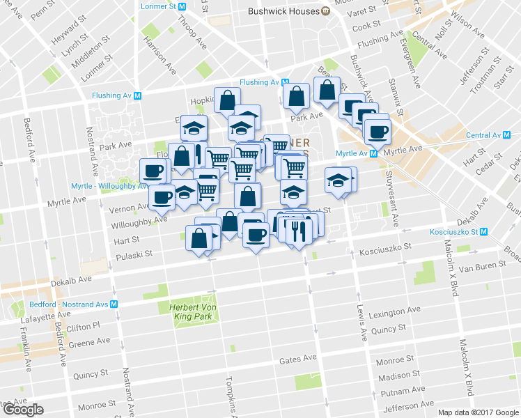map of restaurants, bars, coffee shops, grocery stores, and more near 671 Willoughby Avenue in Brooklyn