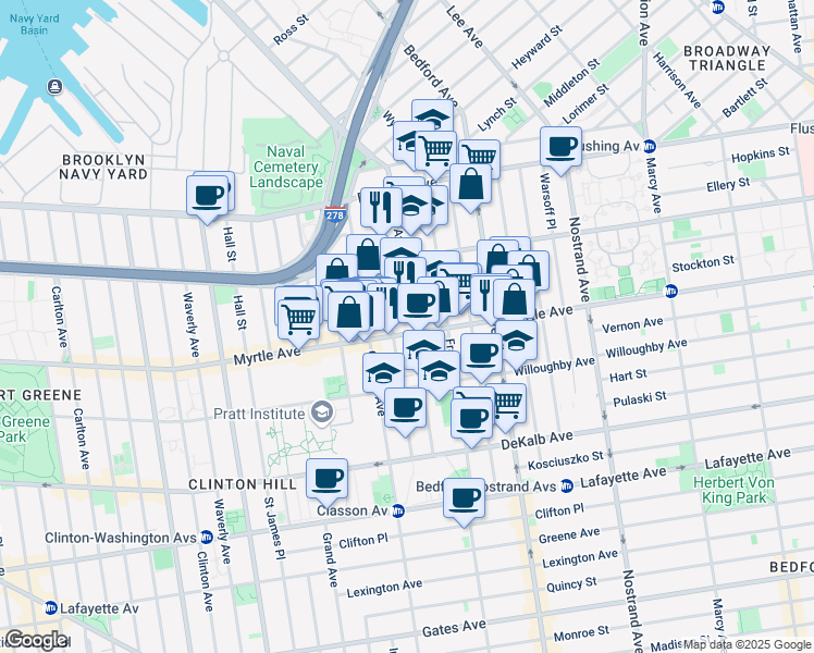 map of restaurants, bars, coffee shops, grocery stores, and more near 853 Kent Avenue in Brooklyn