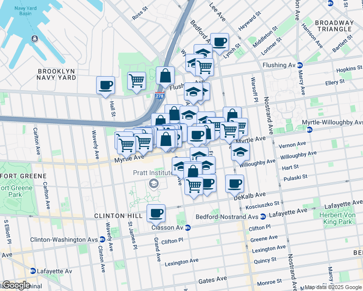 map of restaurants, bars, coffee shops, grocery stores, and more near 121 Taaffe Place in Brooklyn