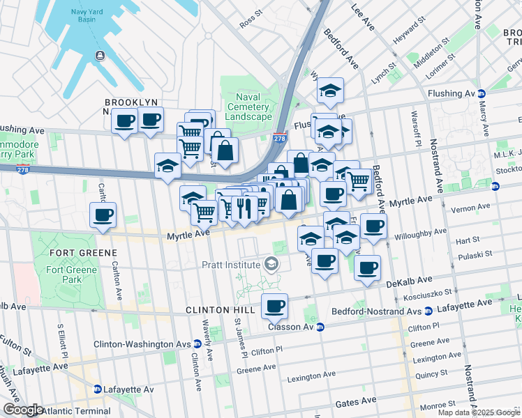 map of restaurants, bars, coffee shops, grocery stores, and more near 84 Steuben Street in Brooklyn
