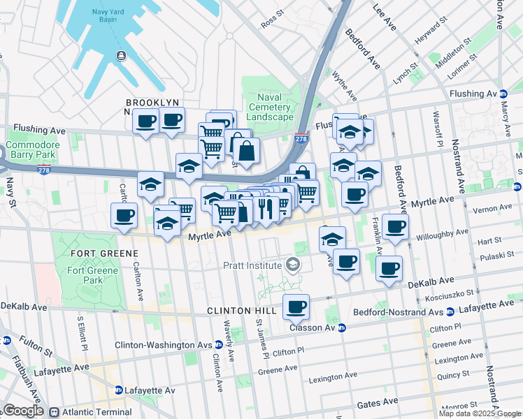 map of restaurants, bars, coffee shops, grocery stores, and more near 90 Ryerson Street in Brooklyn