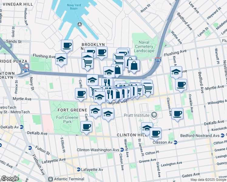 map of restaurants, bars, coffee shops, grocery stores, and more near in Brooklyn