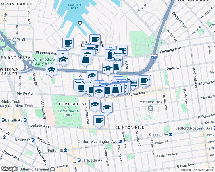 map of restaurants, bars, coffee shops, grocery stores, and more near 86 Clinton Avenue in Brooklyn