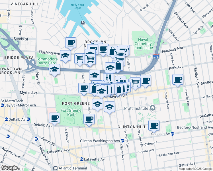 map of restaurants, bars, coffee shops, grocery stores, and more near 86 Clinton Avenue in Brooklyn