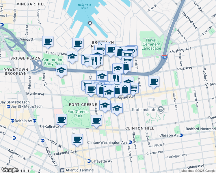 map of restaurants, bars, coffee shops, grocery stores, and more near 89 Clermont Avenue in Brooklyn