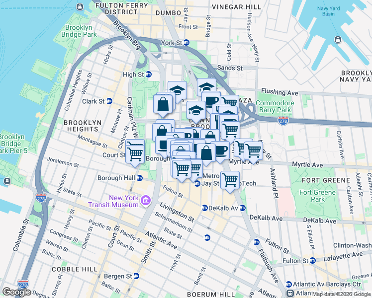 map of restaurants, bars, coffee shops, grocery stores, and more near 103 Tech Place in Brooklyn