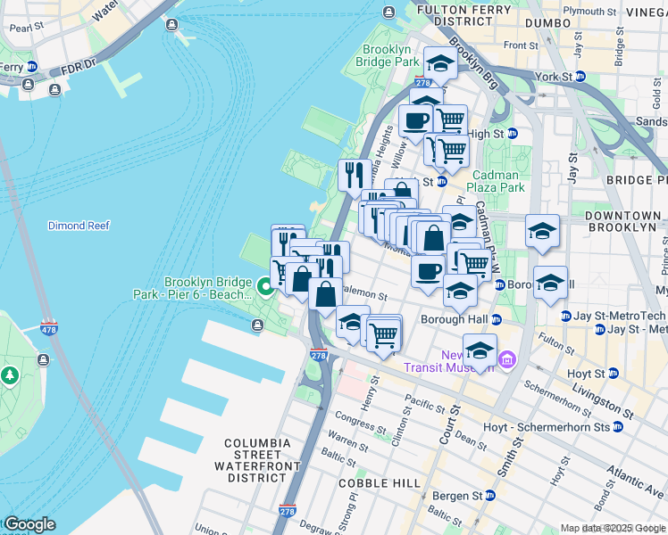 map of restaurants, bars, coffee shops, grocery stores, and more near 16A Remsen Street in Brooklyn