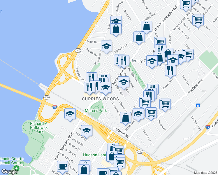map of restaurants, bars, coffee shops, grocery stores, and more near in Jersey City