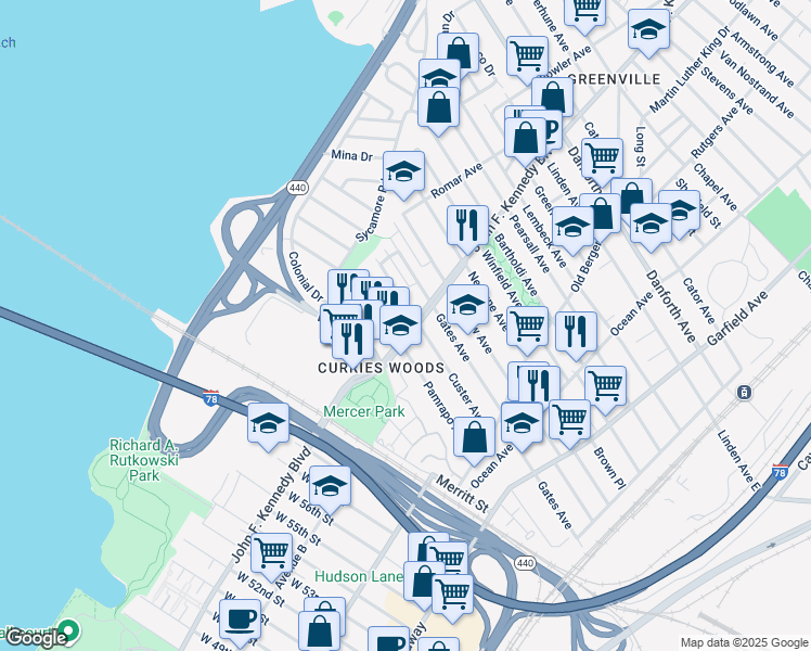 map of restaurants, bars, coffee shops, grocery stores, and more near in Jersey City