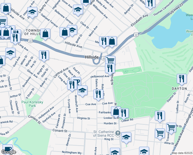 map of restaurants, bars, coffee shops, grocery stores, and more near 64 Ridgeway Avenue in Hillside