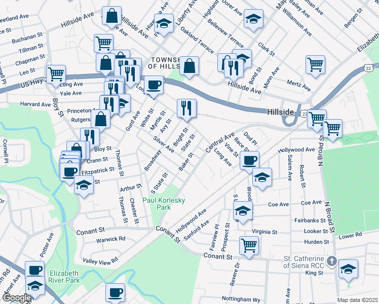 map of restaurants, bars, coffee shops, grocery stores, and more near 1298 State Street in Hillside