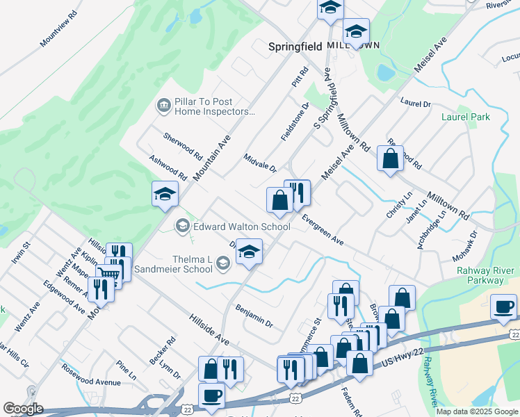 map of restaurants, bars, coffee shops, grocery stores, and more near 303 Northview Terrace in Springfield