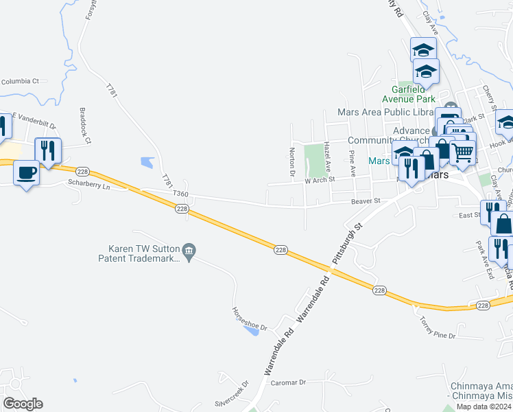 map of restaurants, bars, coffee shops, grocery stores, and more near 526 Beaver Street Extension in Zelienople