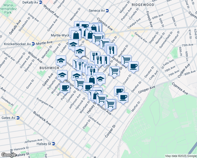 map of restaurants, bars, coffee shops, grocery stores, and more near 1338 Hancock Street in Brooklyn