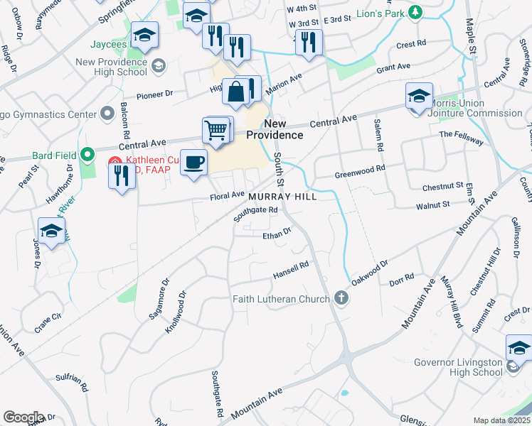 map of restaurants, bars, coffee shops, grocery stores, and more near in New Providence