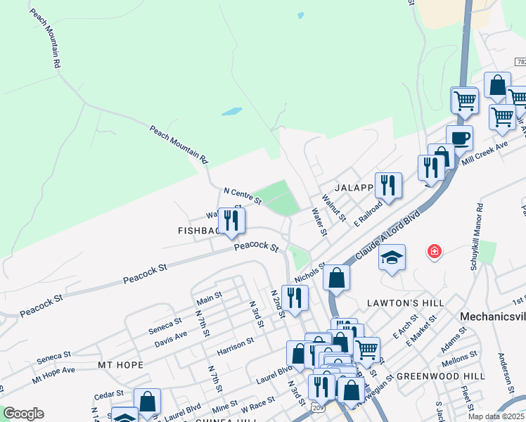 map of restaurants, bars, coffee shops, grocery stores, and more near 779 North Centre Street in Pottsville