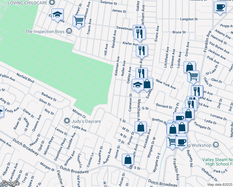 map of restaurants, bars, coffee shops, grocery stores, and more near 481 Keller Avenue in Elmont