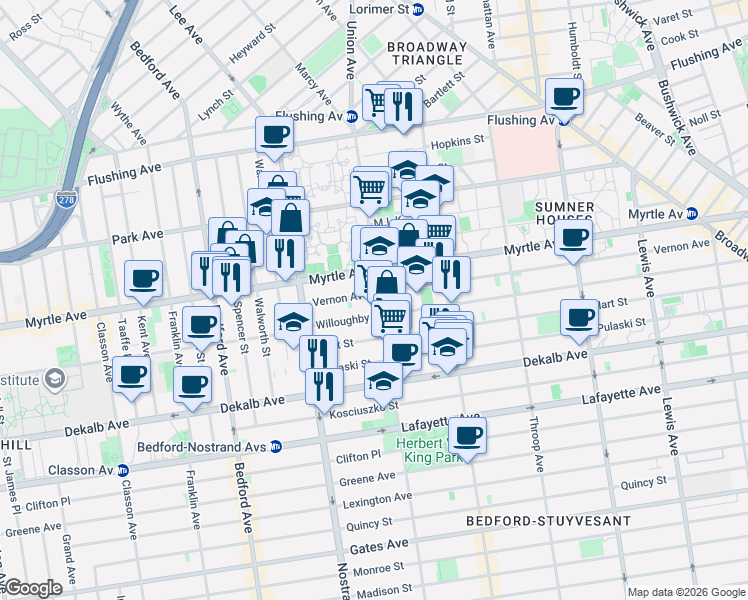 map of restaurants, bars, coffee shops, grocery stores, and more near 806 Myrtle Avenue in Brooklyn